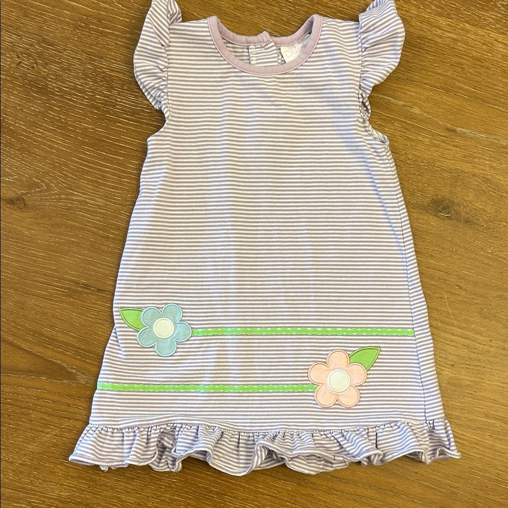 Charming Lilac Striped Kids Dress with Floral Details